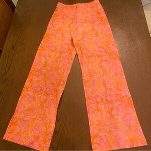 Orange Pink Floral Linen Blend High Waisted Pants Size 4